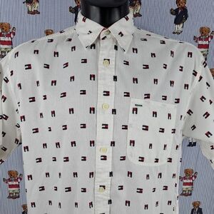 Vintage Tommy Jeans mini flags all over print white Med button-up short shirt